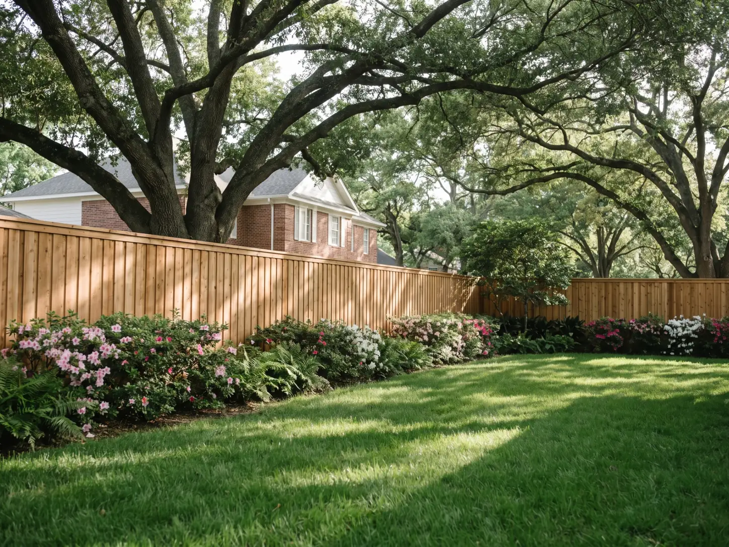 Tall cedar privacy fence shaded by mature live oaks on an established Friendswood, TX residential lot