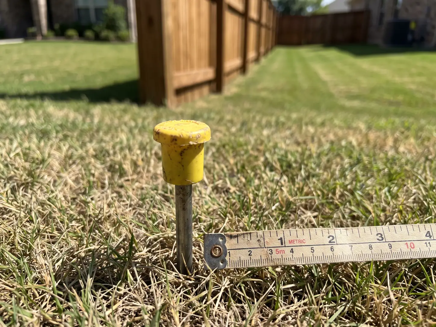 Property survey marker pin in the grass beside a fence line dividing two suburban backyards