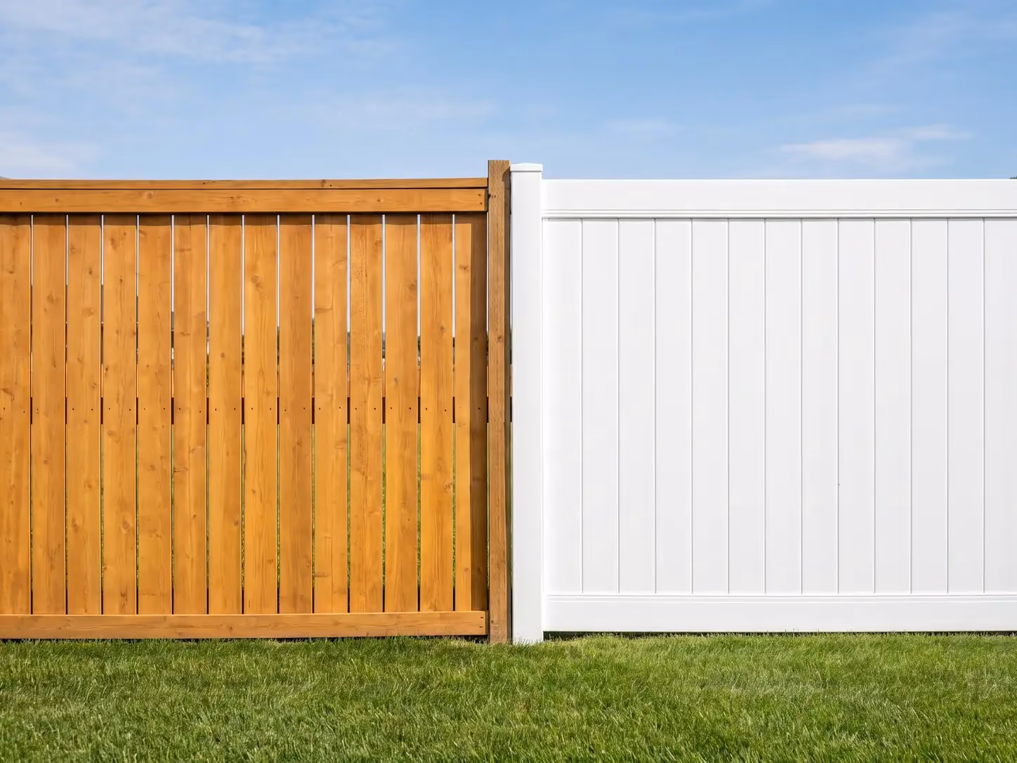 Cedar wood fence and white vinyl fence meeting at a shared post for direct comparison