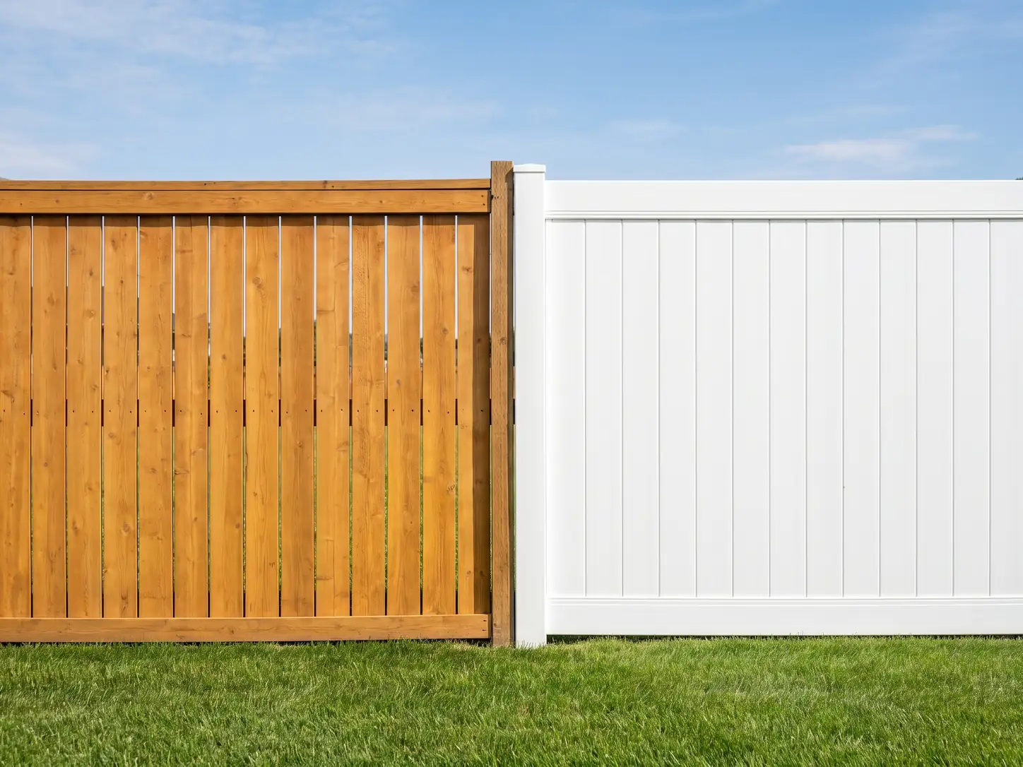 Cedar wood fence and white vinyl fence meeting at a shared post for direct comparison