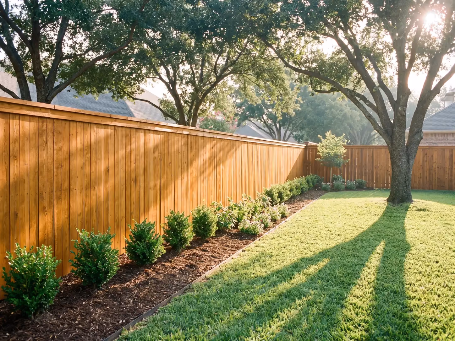 Freshly stained cedar privacy fence in good repair along a Texas backyard in spring morning light