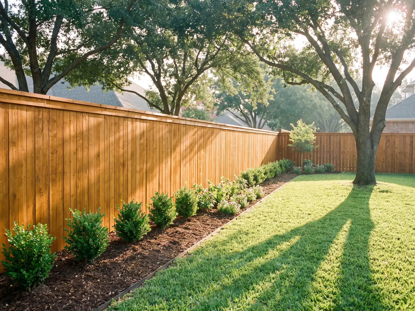 Freshly stained cedar privacy fence in good repair along a Texas backyard in spring morning light