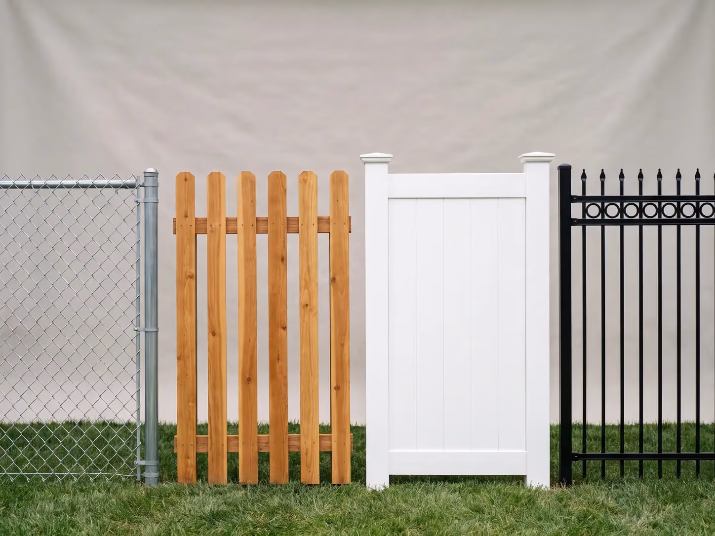 Chain link, cedar, vinyl and wrought iron fence sections side by side for cost comparison