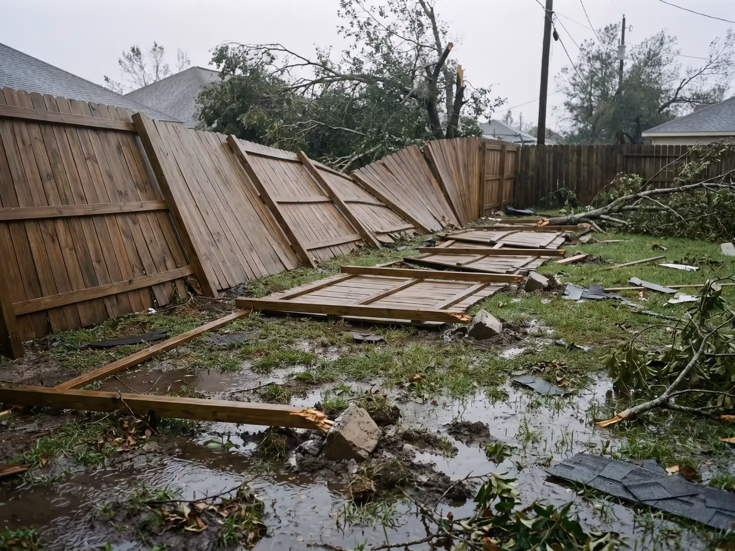 Wooden fence collapsed after a hurricane with snapped posts pulled from saturated soil