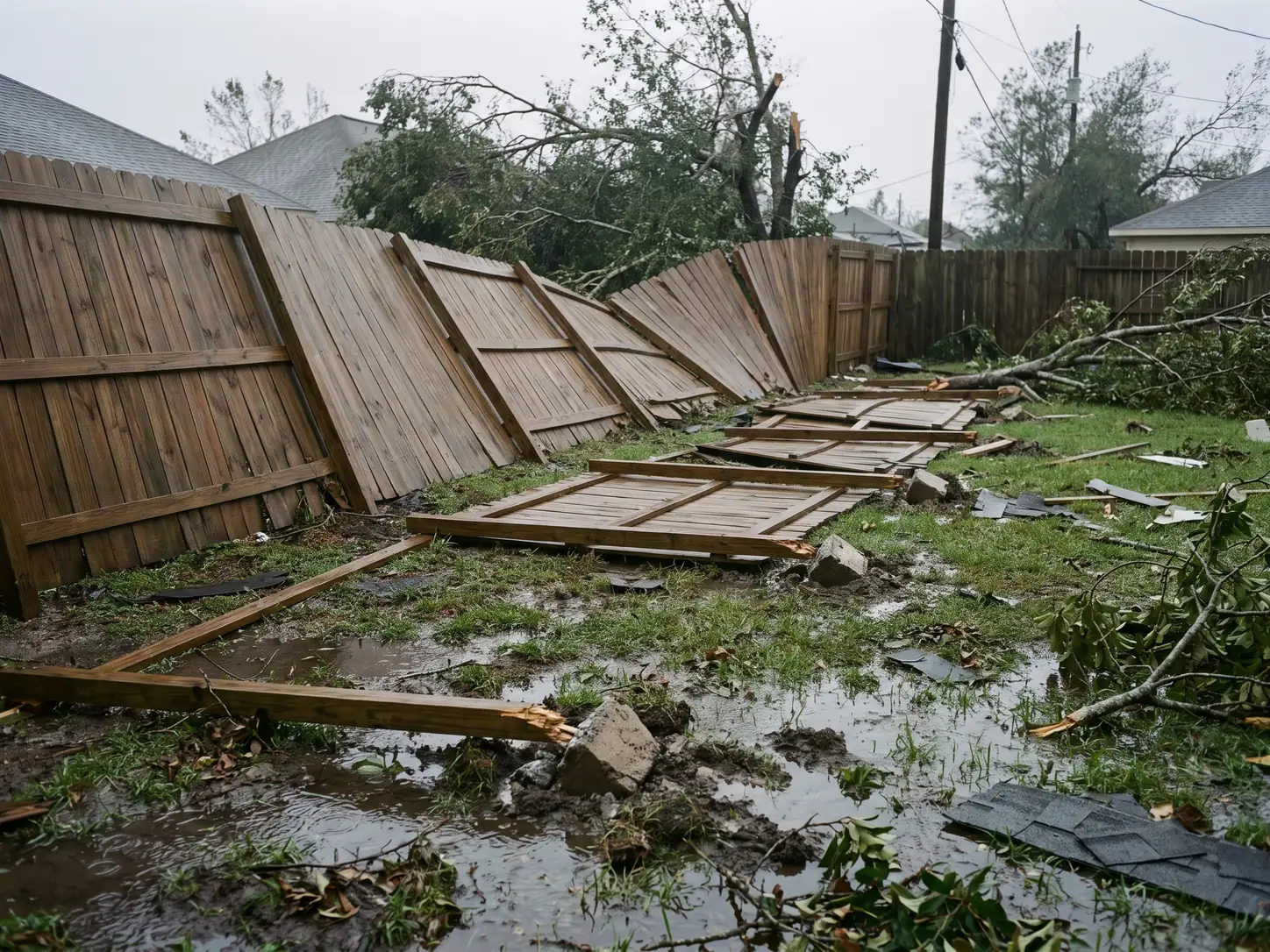 Wooden fence collapsed after a hurricane with snapped posts pulled from saturated soil