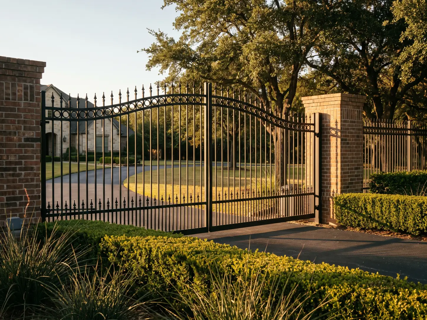 Ornamental black wrought iron fence and gate on a landscaped Texas property