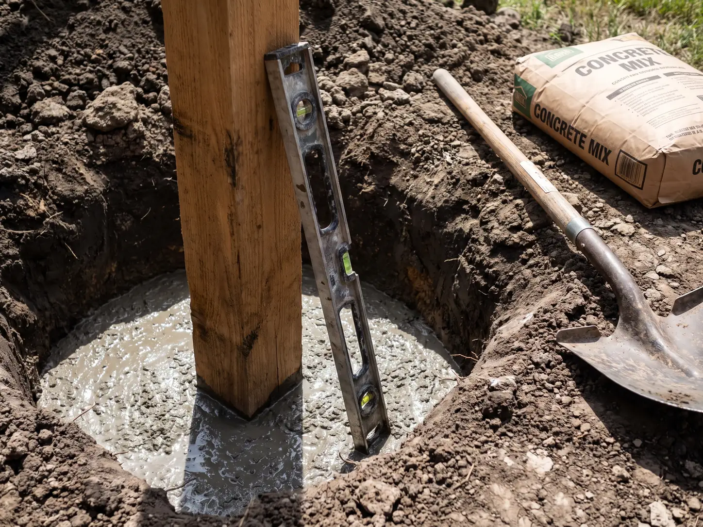 Cedar fence post set plumb in a deep hole with wet concrete poured around its base