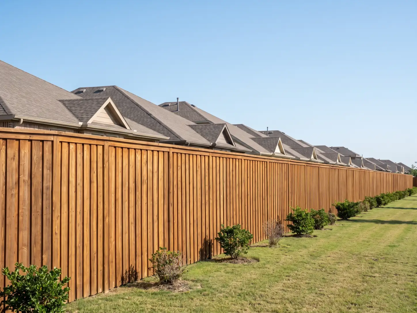 Row of identical HOA-approved cedar fences behind a Texas master-planned subdivision