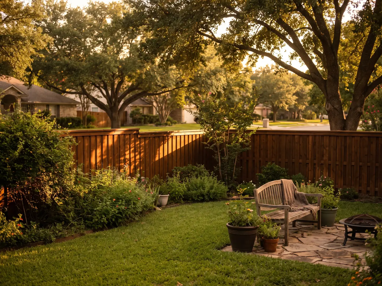Cedar board-on-board privacy fence in dappled light on an established Texas street