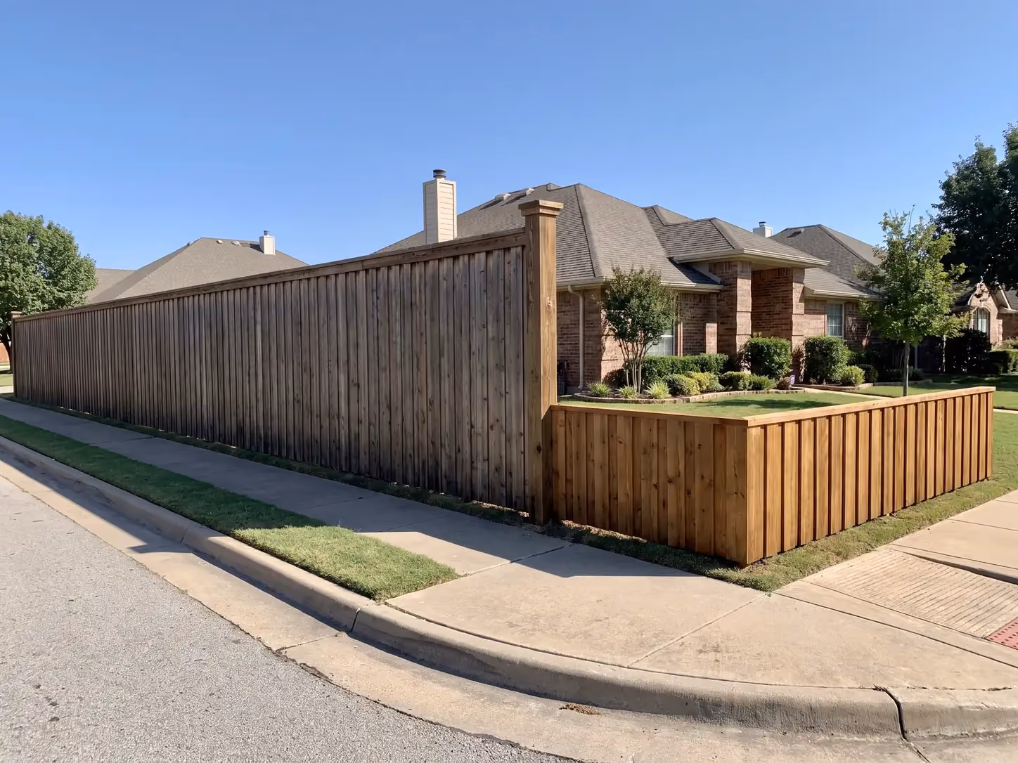 Corner lot where a tall cedar fence drops to a low fence at the street to keep the intersection sightline clear
