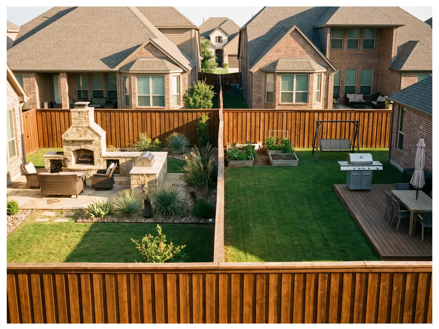 Cedar privacy fence running between two neighboring Texas backyards, each with its own patio and landscaping