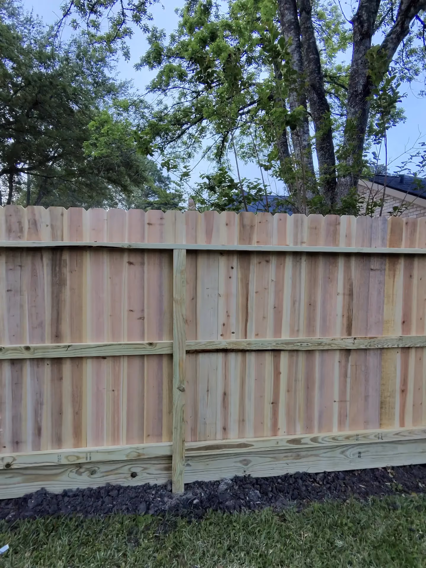 A newly built cedar dog-eared privacy fence with visible horizontal rails and a center post support in Houston, TX.