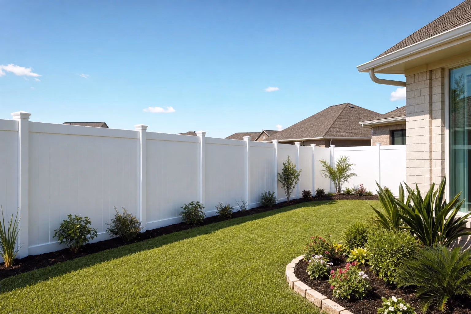 White vinyl privacy fence enclosing a Pearland, TX backyard on a clear day