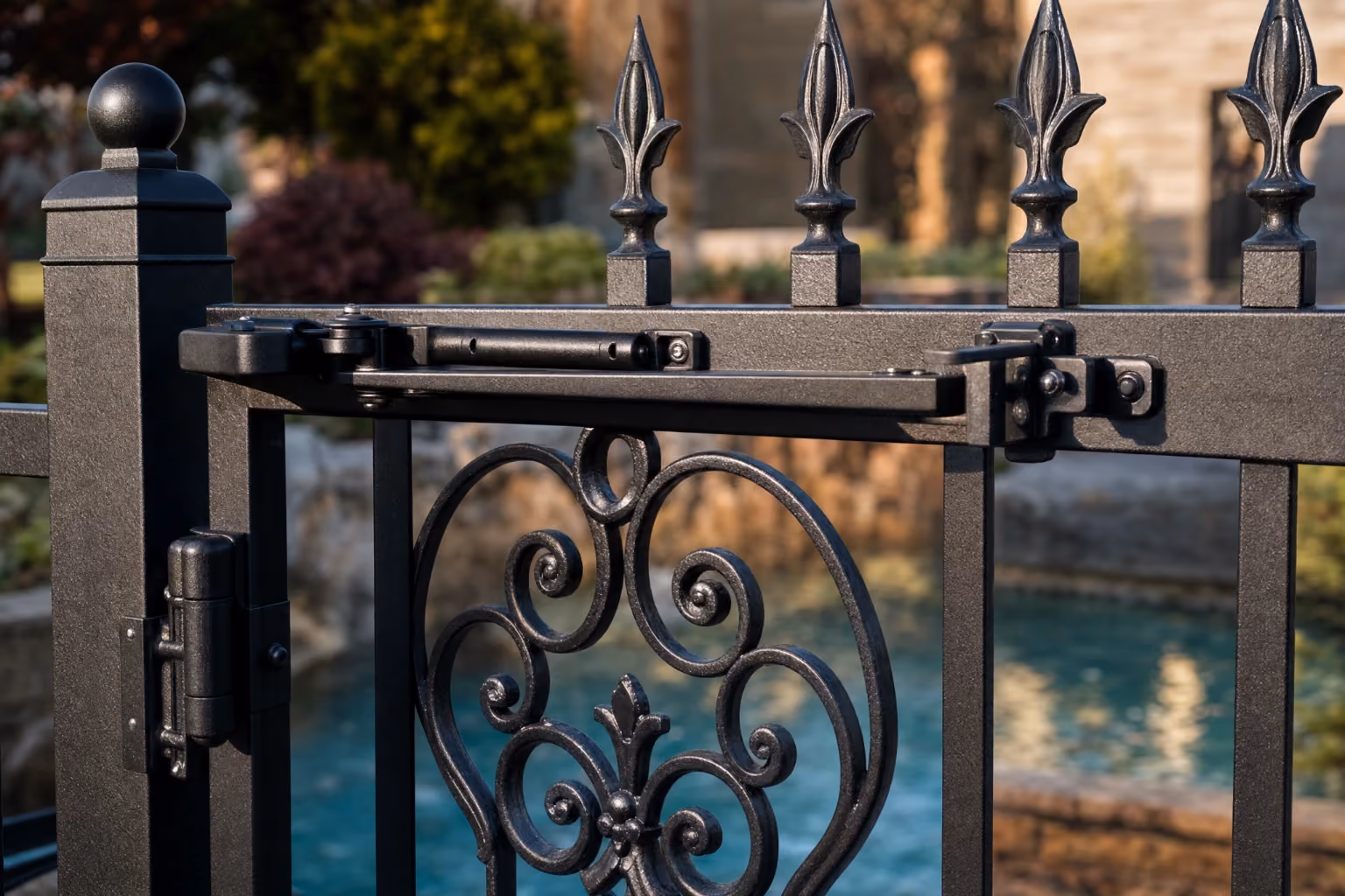 Ornamental iron pool gate with scrollwork and a self-closing latch