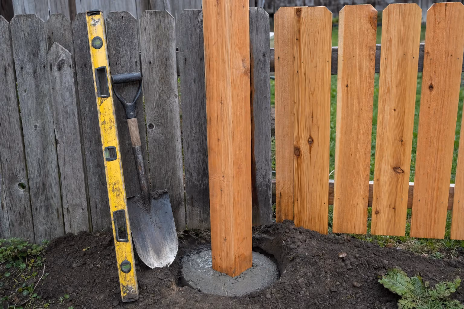 New cedar fence post set in fresh concrete beside repaired pickets after a storm