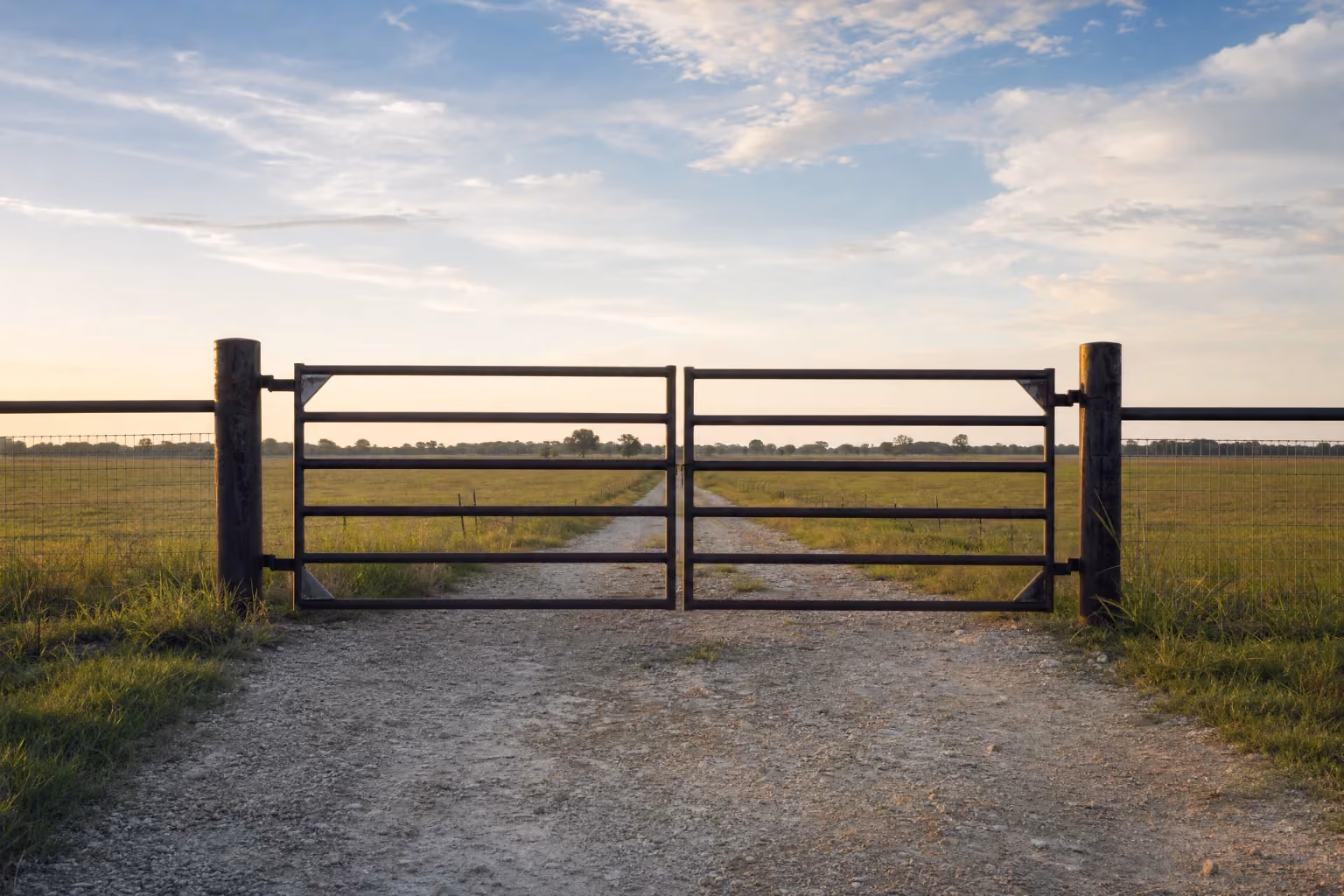 Steel pipe ranch entry gate on a farm and ranch property in Southeast Texas