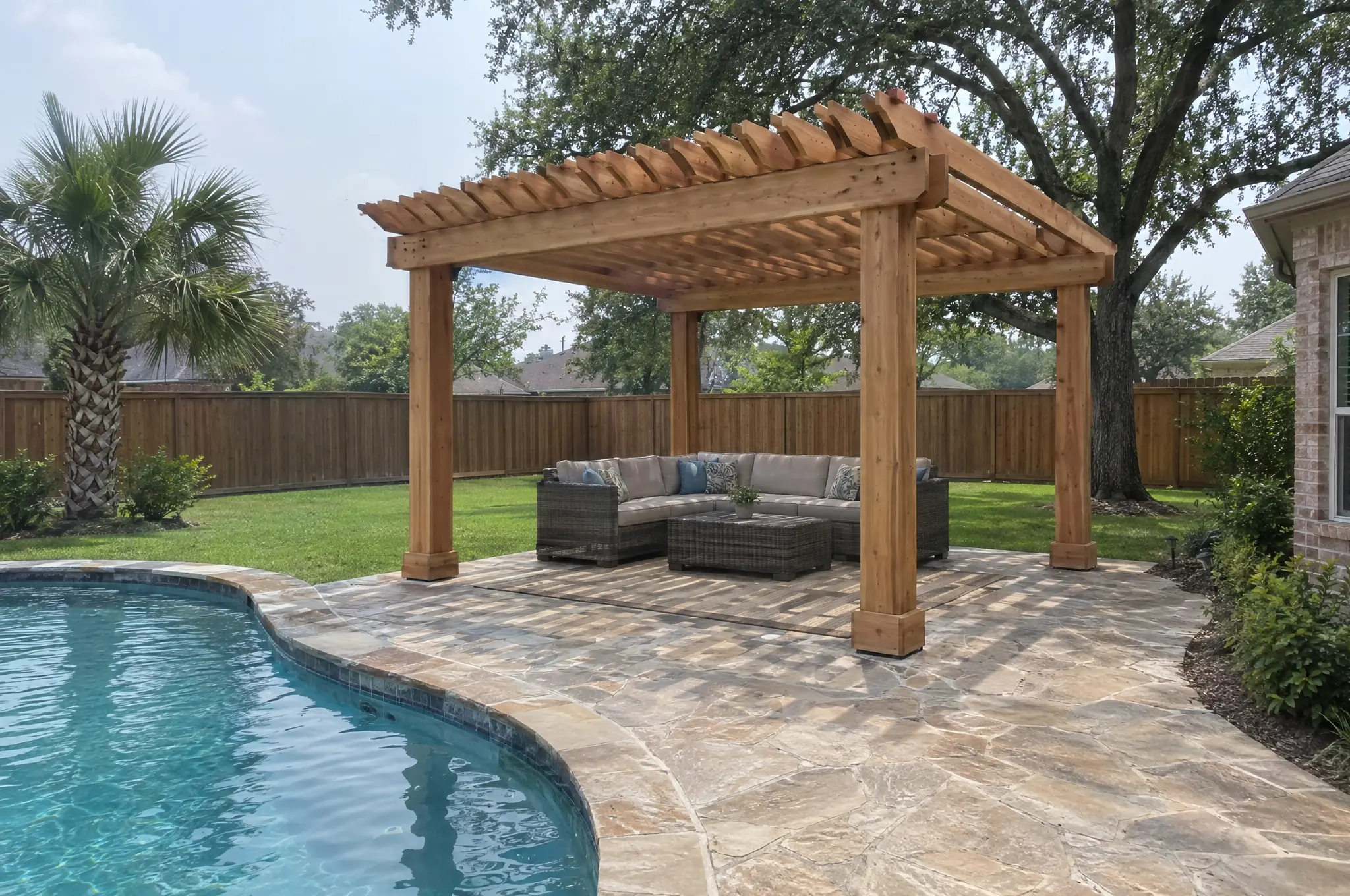 Freestanding cedar pergola over outdoor seating on a stone patio beside a backyard pool in Houston, TX