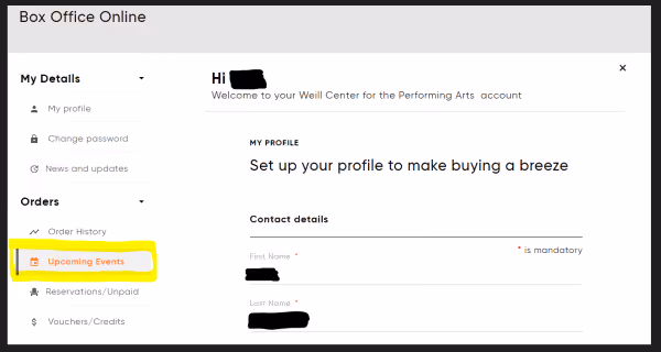 Account dashboard with "Upcoming Events" highlighted in yellow on the left sidebar menu.