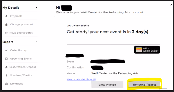 Upcoming Events page showing event details with the ticket option highlighted at the bottom.
