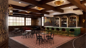 Cozy lounge with wood beams, a green bar, high stools, tables, and warm lighting fixtures.