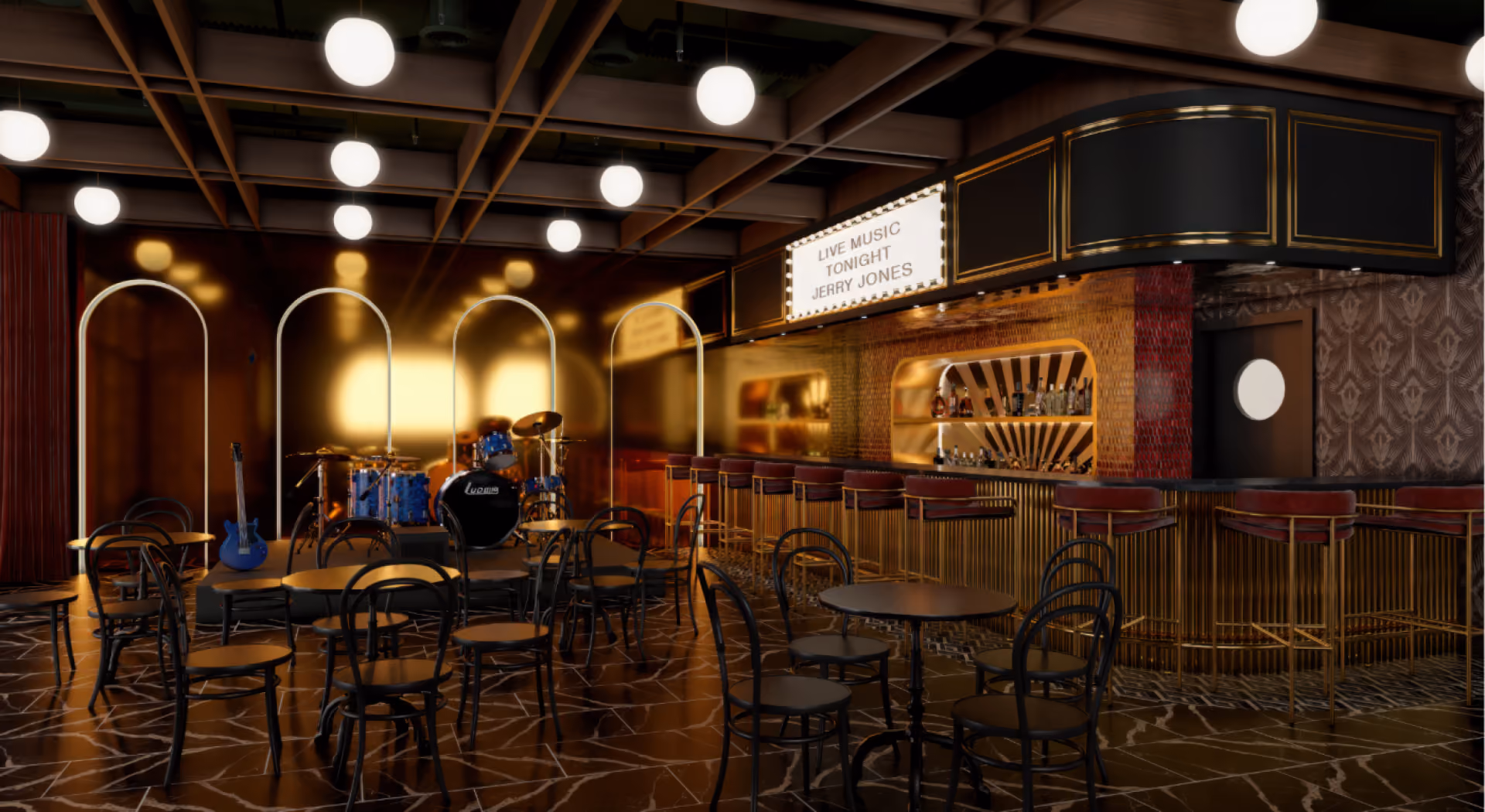 Interior of a music bar with drum set, guitar stage, round tables, chairs, and a long bar with stools.