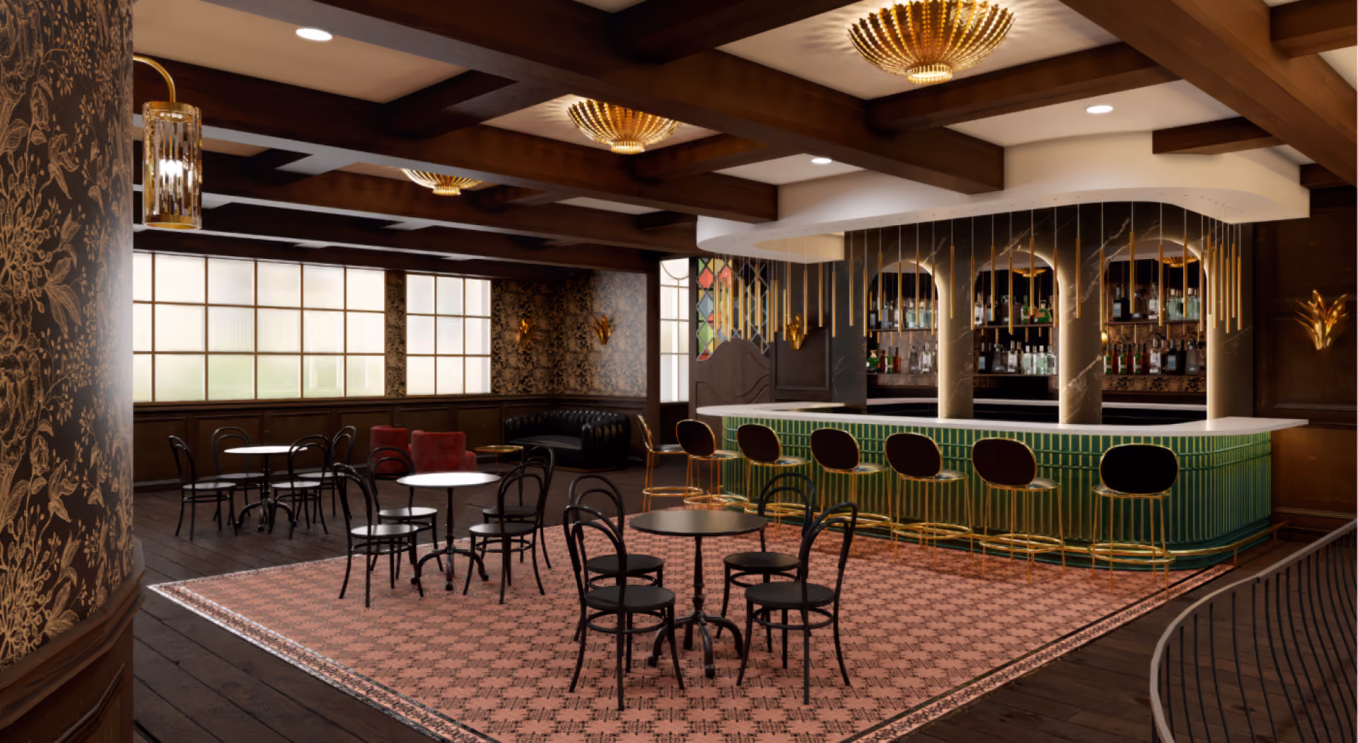Elegant bar with green tiled counter, gold stools, black chairs, tables, and patterned carpet in a wooden ceiling room.