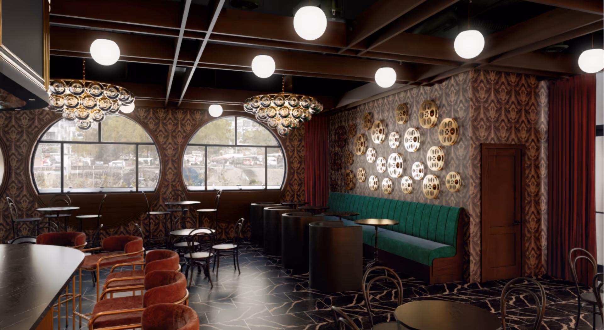 Chic indoor rooftop patio with green bench seating, velvet chairs, round tables, and decorative wall art.