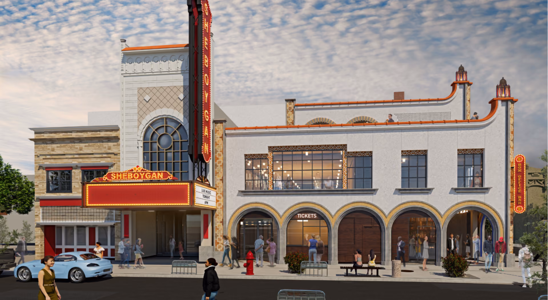 Theater exterior with Sheboygan marquee, ticket windows, and people walking and sitting nearby.
