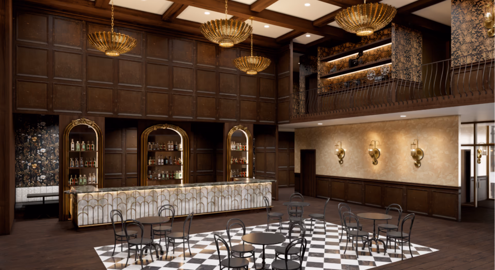 Elegant hotel lobby with marble bar, black and white tiled floor, and dark wood paneling.