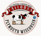 A logo with the words "Fallooza Plymouth Wisconsin" with a cow wearing boots and a bandana