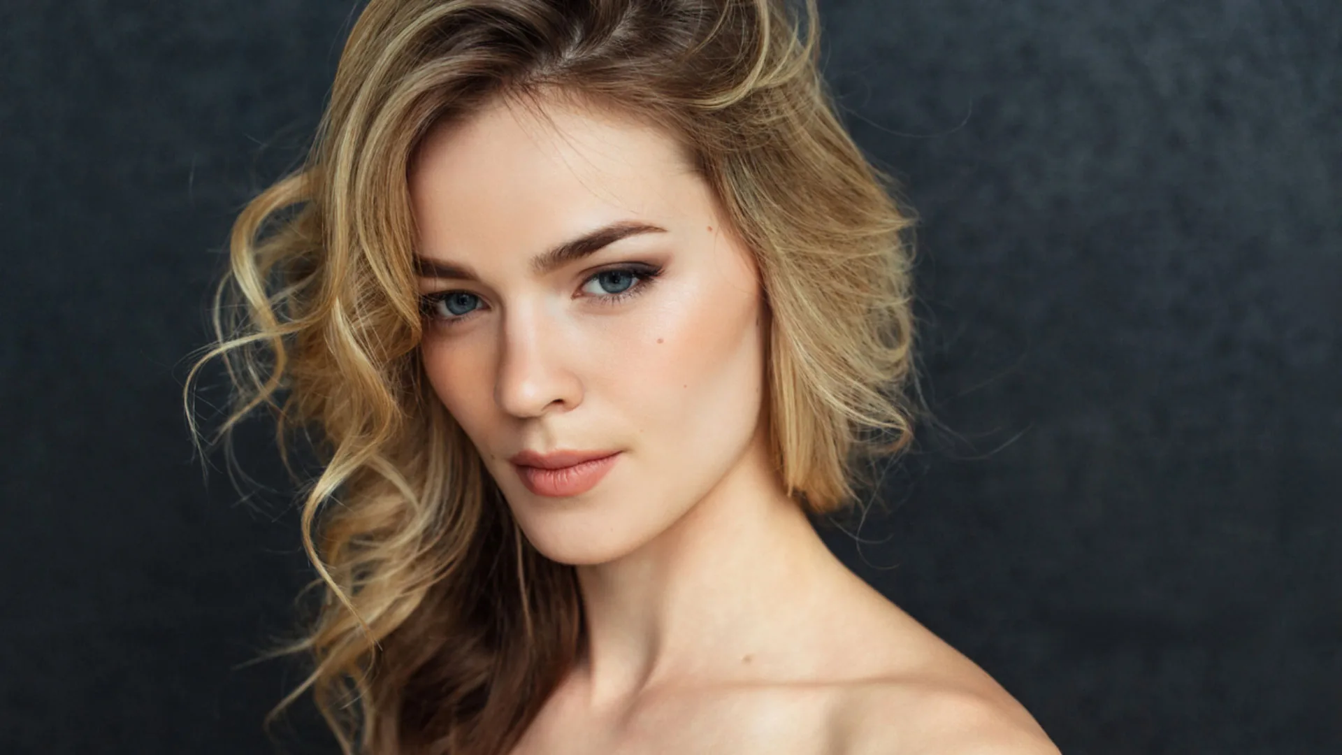 Woman with wavy blonde hair looking at the camera against a dark background