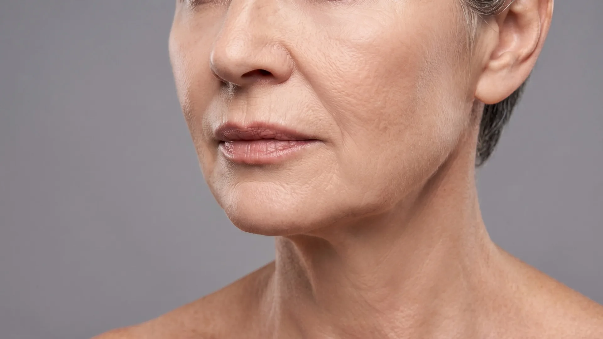 Close-up of a mature woman's lower face, neck, and smile lines