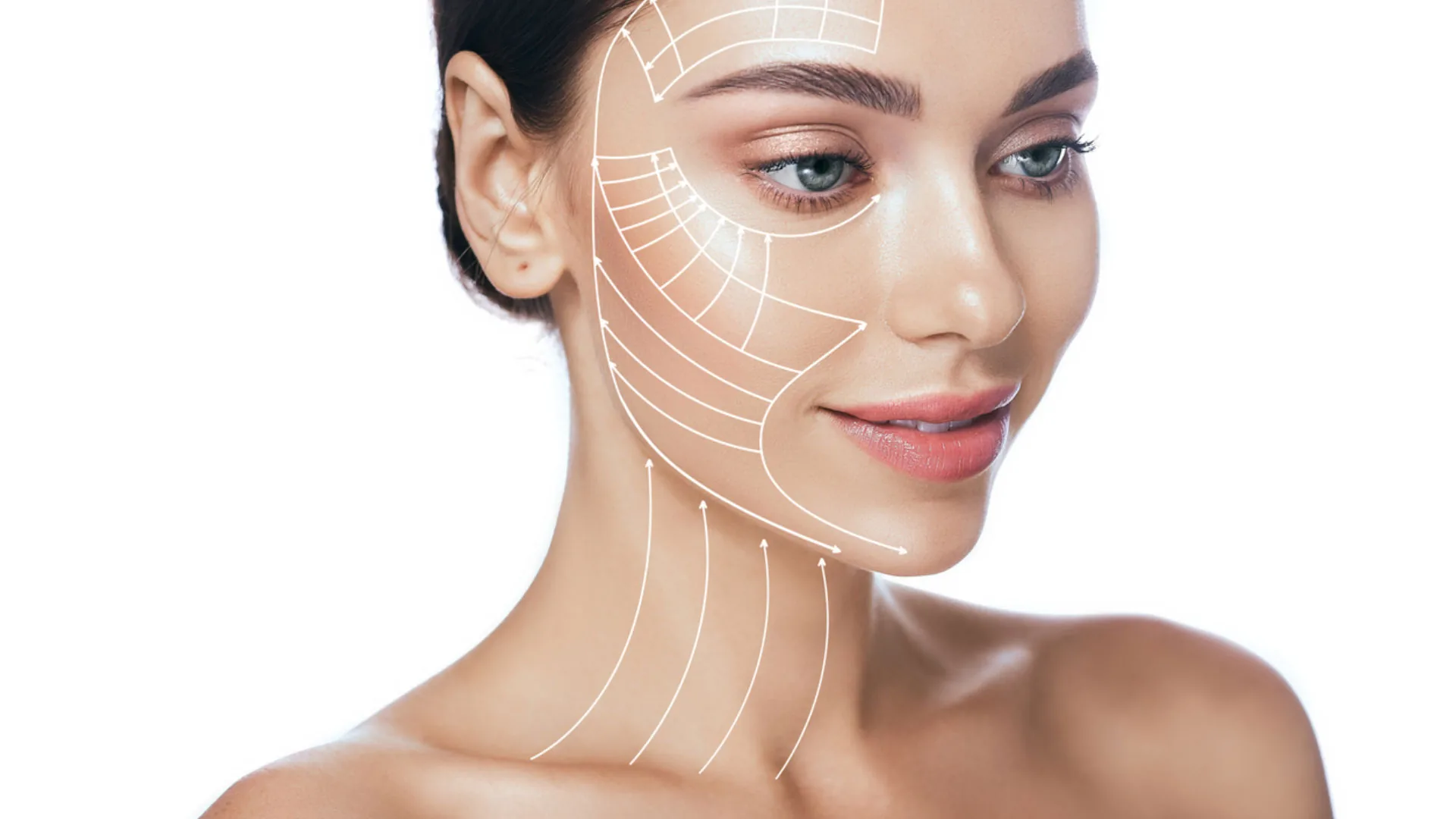 Woman's face overlaid with white lines showing facial contours and lift direction