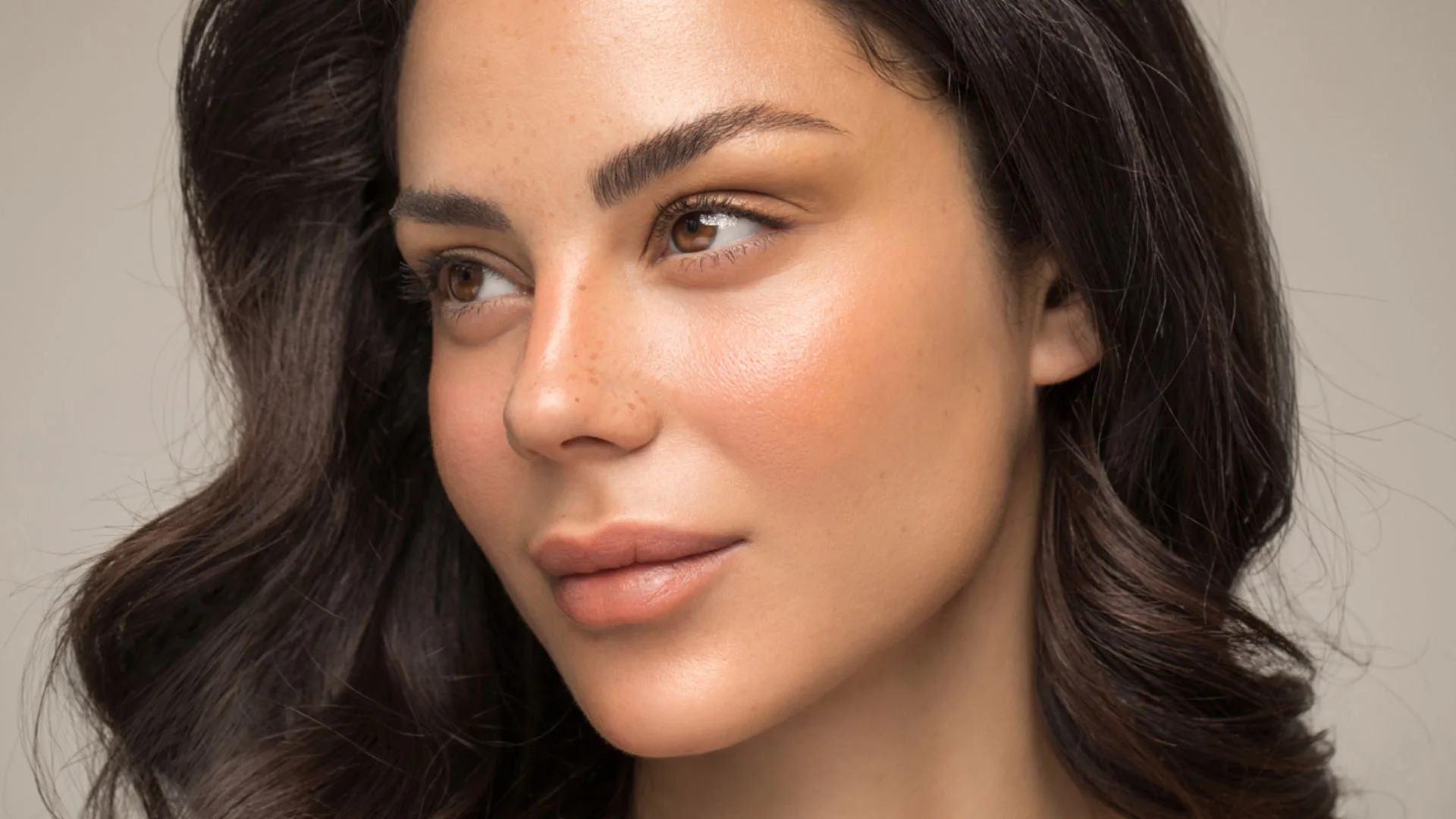 Woman with wavy dark hair and freckles glancing to the side