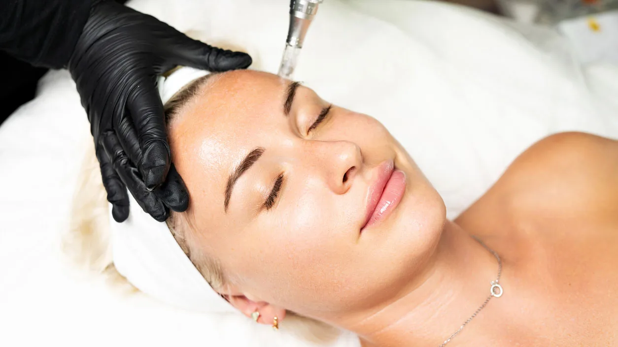 Gloved provider using a microneedling pen on a relaxed woman's forehead