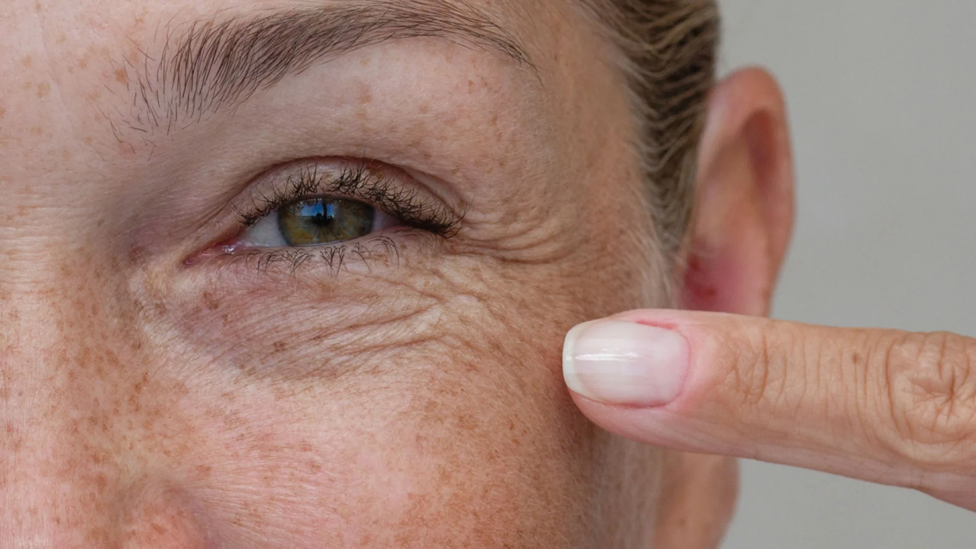 Close-up of fine lines and freckles around a woman's eye, fingertip at her cheek