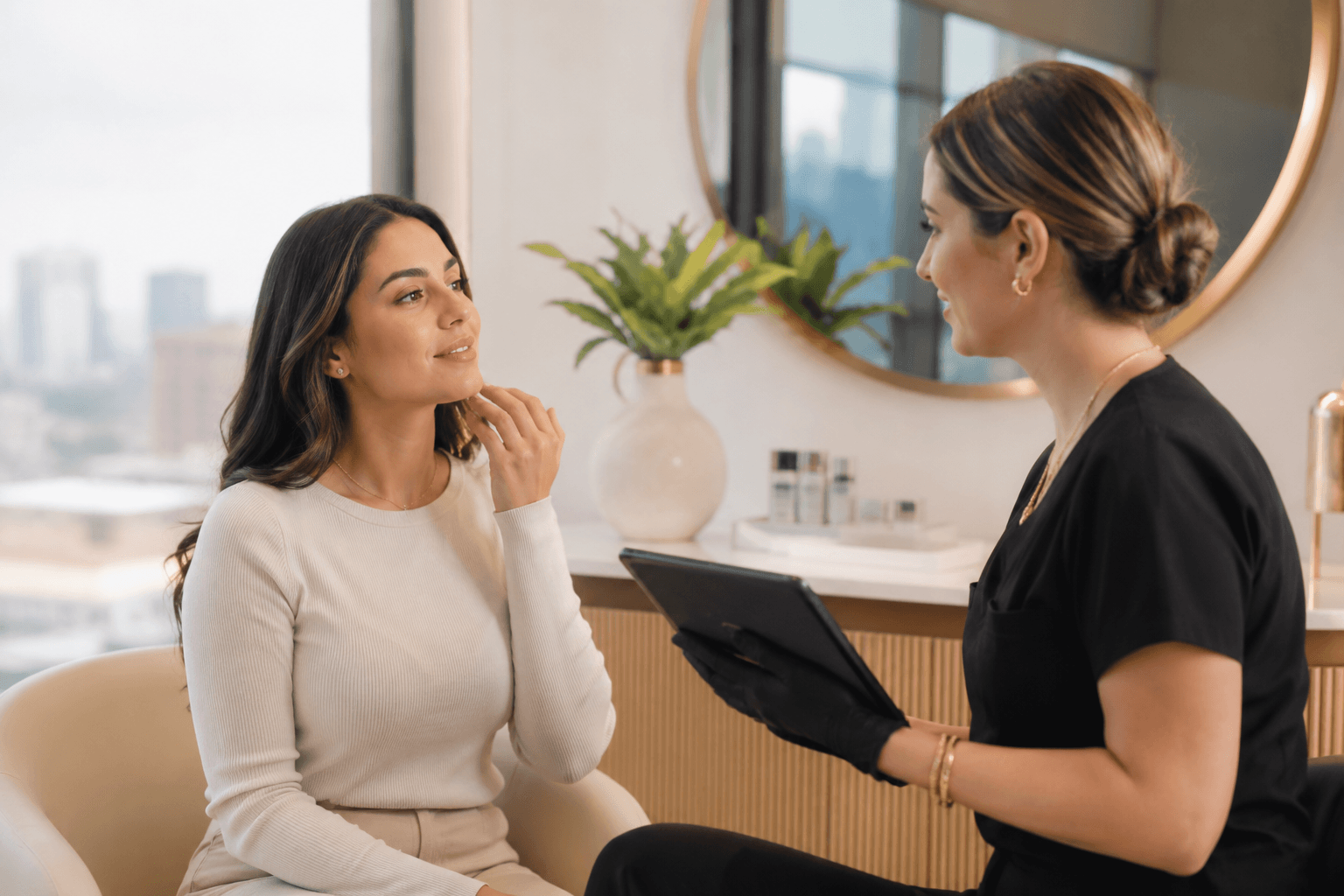 Woman receiving a skin consultation at a medspa in Fort Worth, Texas