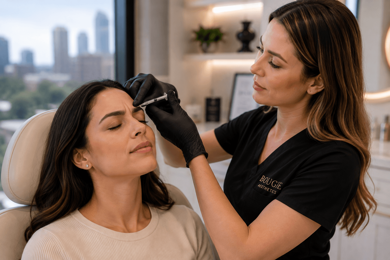 Injector administering Botox to treat forehead lines in Fort Worth, Texas