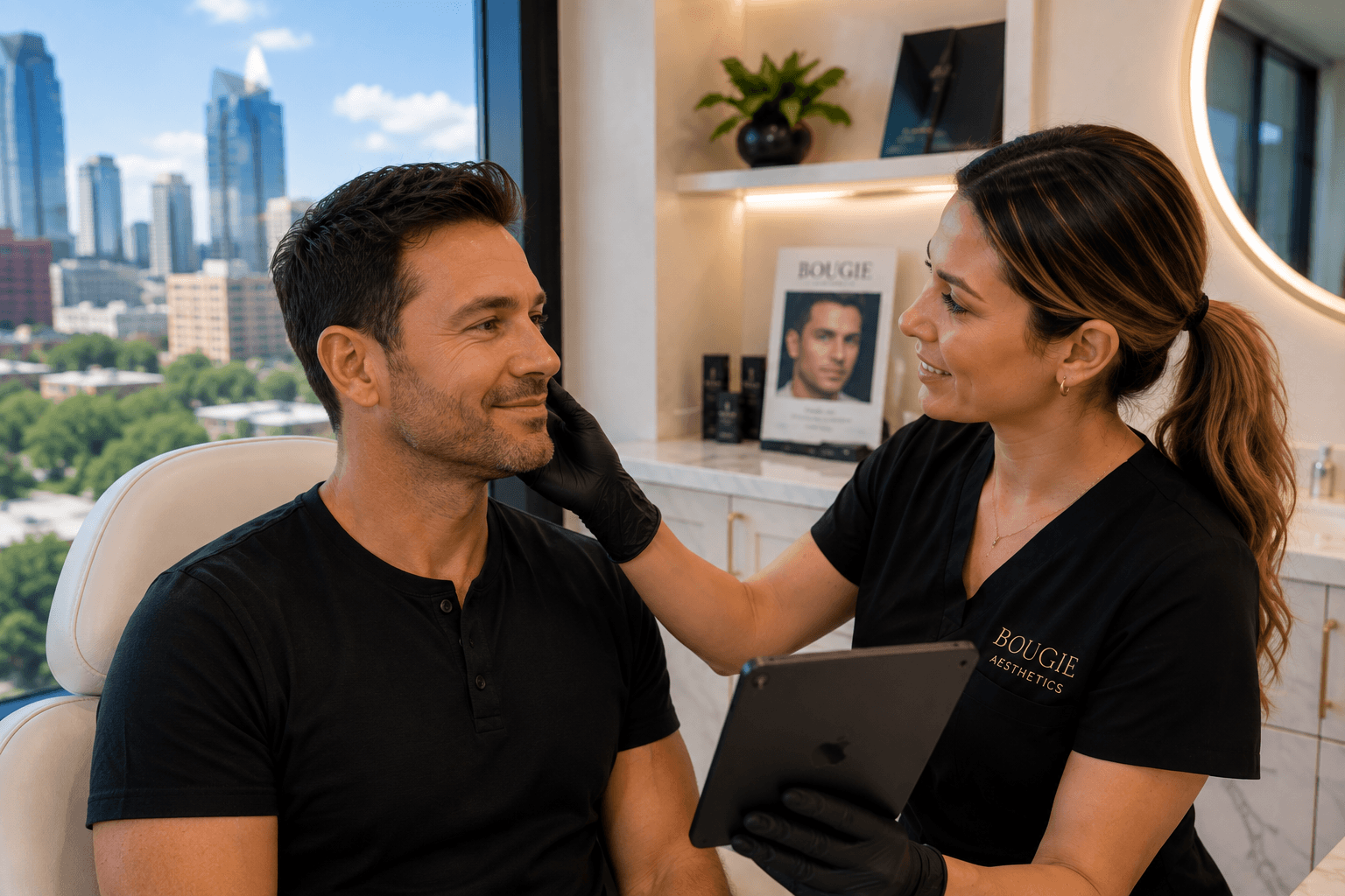 Man receiving a men's aesthetic treatment consultation in Fort Worth, Texas