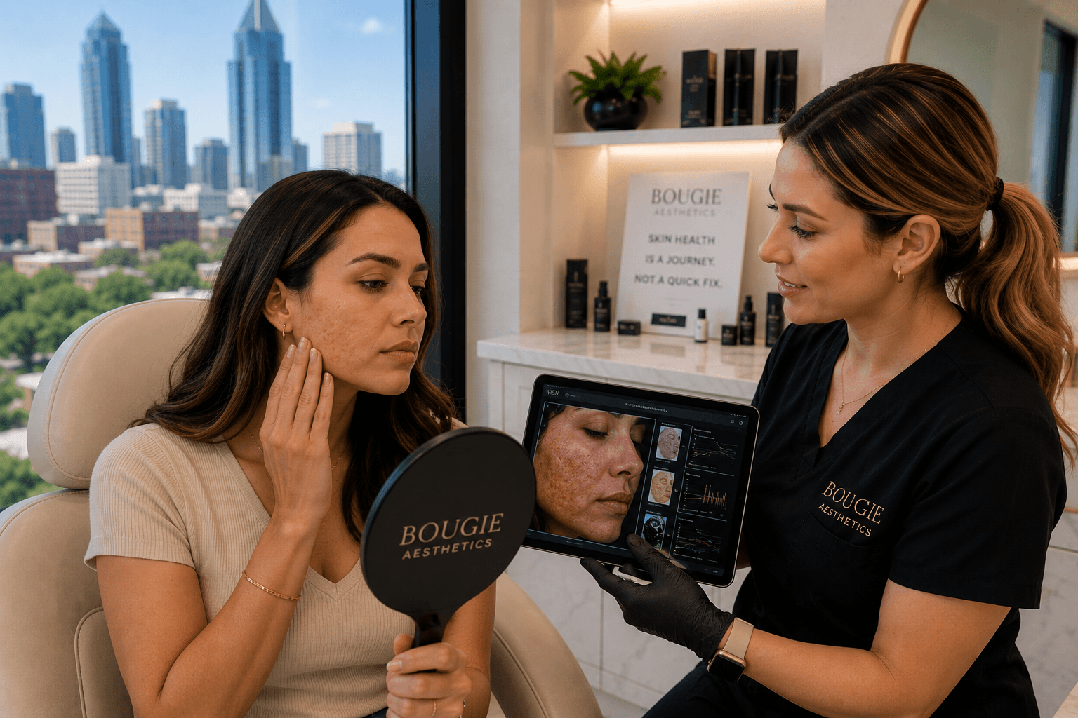 Woman receiving microneedling treatment for uneven skin texture in Fort Worth, Texas