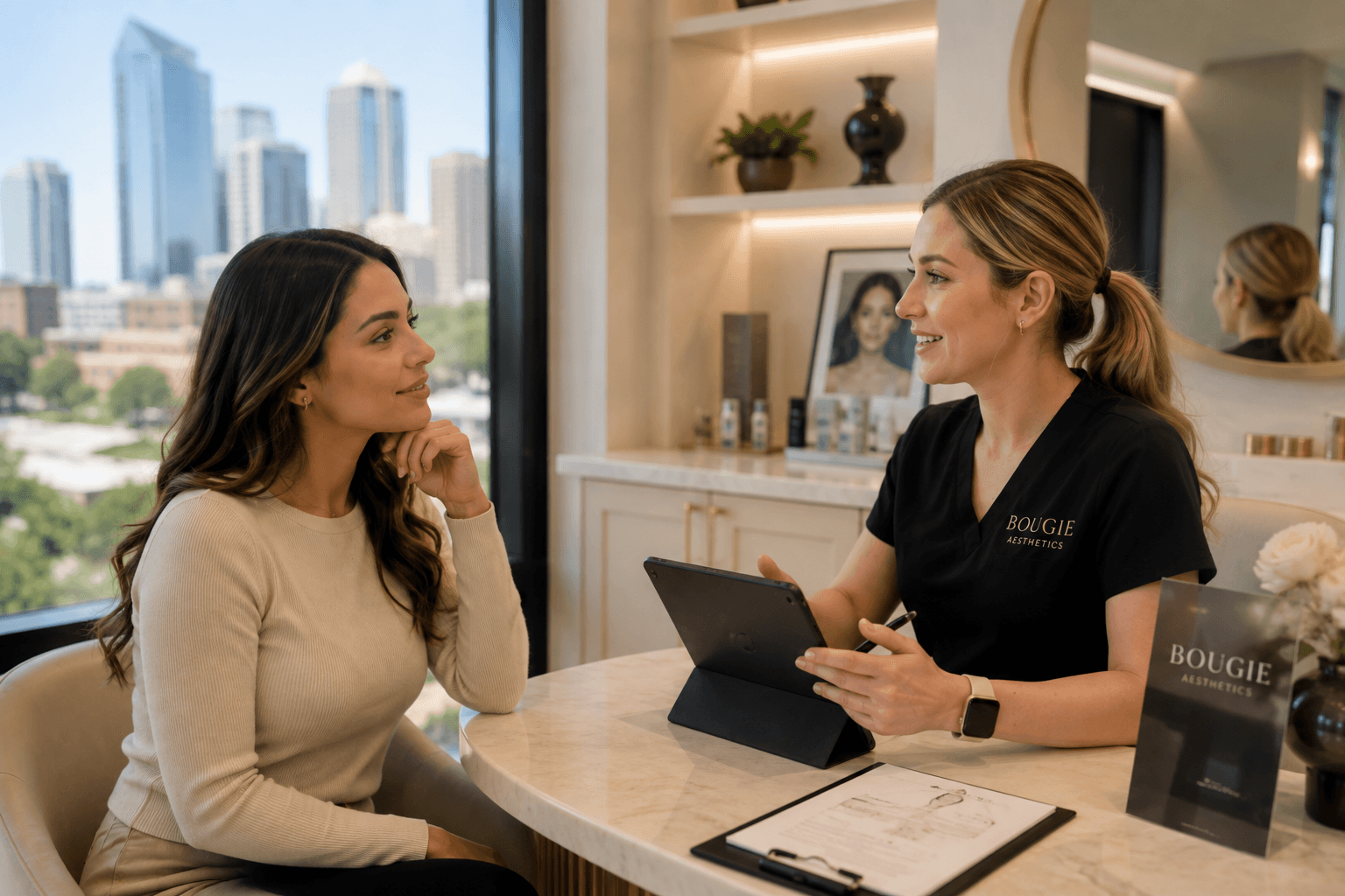 Licensed injector consulting with a patient at an aesthetic clinic in Fort Worth, Texas