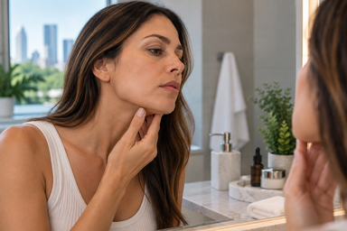 Woman with a defined, contoured jawline after non-surgical treatment in Fort Worth, Texas
