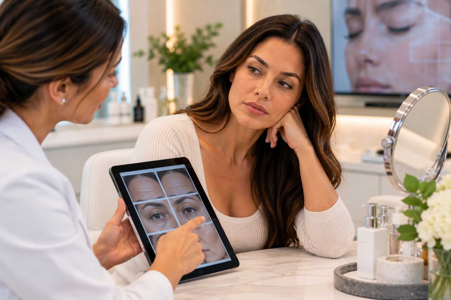 Busy professional receiving a quick skin treatment at an aesthetic clinic in downtown Fort Worth, Texas