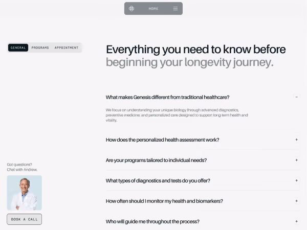 FAQ section titled 'Everything you need to know before beginning your longevity journey' with questions listed.