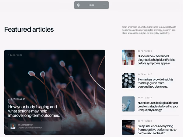 Webpage showing featured science articles on biomarkers, diagnostics, nutrition, and sleep with thumbnail images.