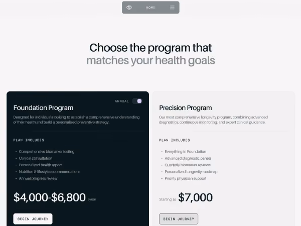 Comparison of Foundation Program and Precision Program for health goals with prices and features listed.