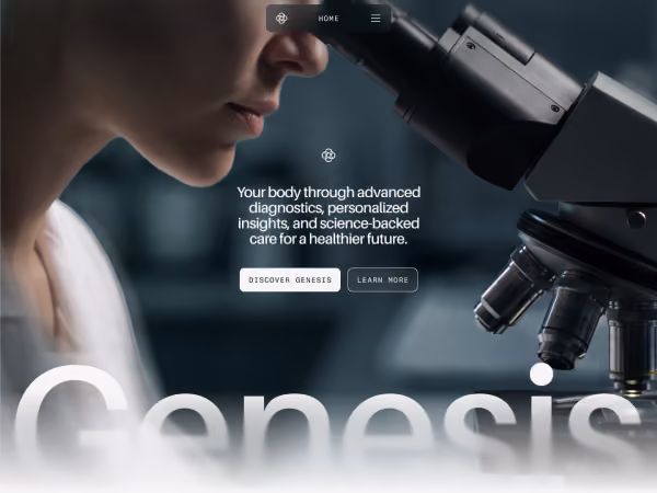 Person looking into a microscope with text about advanced diagnostics and personalized care.