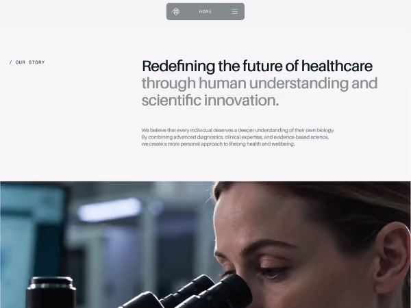 Scientist looking into a microscope beneath text about redefining healthcare through innovation.