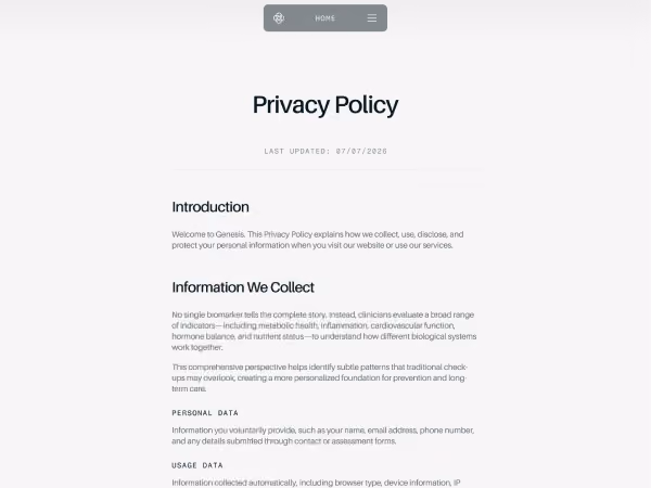 Privacy Policy page text with sections on introduction and information we collect overview.