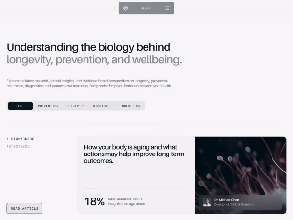 Webpage on biology of longevity showing article excerpt, aging info, and image of microscopic plant structures.